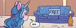 Size: 1334x500 | Tagged: safe, artist:abigail starling, idw, imported from derpibooru, izzy moonbow, pony, unicorn, spoiler:comic, spoiler:g5comic, spoiler:g5comic15, couch, dialogue, female, free, g5, hmm, lamp, mare, solo, speech bubble
