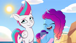 Size: 3072x1727 | Tagged: safe, imported from derpibooru, screencap, zipp storm, pegasus, pony, unicorn, spoiler:g5, spoiler:my little pony: tell your tale, spoiler:tyts01e57, beach, cute, duo, duo female, eyebrows, eyes closed, female, g5, hot day huh?, mare, misty brightdawn, mistybetes, my little pony: tell your tale, open mouth, open smile, raised eyebrow, rebirth misty, smiling