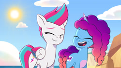 Size: 3072x1727 | Tagged: safe, imported from derpibooru, screencap, zipp storm, pegasus, pony, unicorn, spoiler:g5, spoiler:my little pony: tell your tale, spoiler:tyts01e57, beach, cute, duo, duo female, eyes closed, female, g5, hot day huh?, mare, misty brightdawn, mistybetes, my little pony: tell your tale, open mouth, open smile, rebirth misty, smiling
