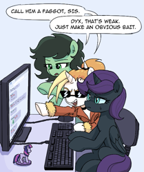 Size: 541x646 | Tagged: safe, artist:plunger, imported from derpibooru, oc, oc only, oc:dyx, oc:filly anon, oc:nyx, alicorn, earth pony, pony, 4chan, computer, dialogue, drawthread, faggot, female, filly, foal, meme, ponified, ponified meme, simple background, speech bubble, text, vulgar