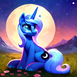 Size: 1024x1024 | Tagged: safe, edit, editor:epsilonwolf, imported from derpibooru, princess luna, pony, unicorn, ai assisted, ai content, ai generated, cute, female, freckles, generator:purplesmart.ai, generator:stable diffusion, grass, grass field, happy, horn, looking away, lunabetes, meadow, moon, mountain, night, outdoors, prompter:epsilonwolf, s1 luna, sitting, smiling, solo, wingless