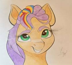 Size: 1761x1595 | Tagged: safe, artist:engi, imported from derpibooru, sunny starscout, earth pony, pony, female, g5, looking at you, mare, simple background, smiling, smiling at you, solo, traditional art, watercolor painting