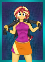 Size: 2975x4092 | Tagged: safe, artist:lennondash, imported from derpibooru, sunset shimmer, human, equestria girls, rainbow rocks, bare shoulders, blouse, clothes, jacket, leather, leather jacket, looking at you, midriff, skirt, sleeveless, solo, wristband