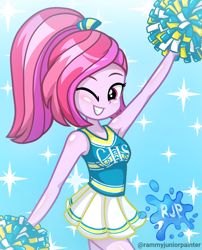 Size: 2015x2490 | Tagged: safe, artist:rjp.rammy, imported from derpibooru, oc, oc:sandy rose, equestria girls, cheerleader, cheerleader outfit, clothes, female, one eye closed, solo, wink