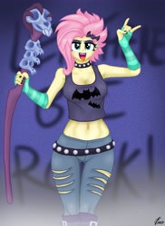Size: 2975x4092 | Tagged: safe, artist:lennondash, imported from derpibooru, fluttershy, human, equestria girls, equestria girls series, the road less scheduled, the road less scheduled: fluttershy, spoiler:eqg series (season 2), alternate hairstyle, belt, boots, breasts, choker, cleavage, clothes, denim, devil horn (gesture), evening gloves, eyeshadow, fingerless elbow gloves, fingerless gloves, flutterpunk, gloves, hairpin, jeans, lipstick, long gloves, makeup, midriff, open mouth, pants, ripped jeans, ripped pants, shoes, short shirt, solo, staff, studded choker, tongue out, torn clothes
