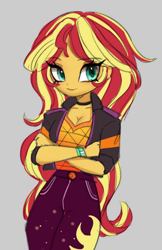 Size: 678x1045 | Tagged: safe, artist:myuniemew, imported from derpibooru, sunset shimmer, equestria girls, breasts, cleavage, female, gray background, simple background, solo