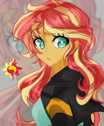 Size: 1691x2048 | Tagged: safe, artist:kajojba, imported from derpibooru, sunset shimmer, equestria girls, beautiful, beautiful eyes, blouse, clothes, colored, complex background, cute, cutie mark, female, jacket, looking at you, looking back, looking back at you, manga style, pursed lips, shimmerbetes, signature, solo