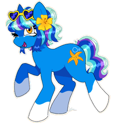 Size: 2048x2048 | Tagged: safe, artist:ot4sune, imported from derpibooru, seaspray (g3), earth pony, pony, coat markings, cute, female, flower, flower in hair, g3, g3 to g4, g4, generation leap, glasses, heart shaped glasses, mare, raised hoof, simple background, socks (coat markings), sunglasses, transparent background