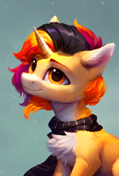 Size: 1302x1920 | Tagged: safe, artist:eternalis, imported from derpibooru, oc, oc only, oc:floire, pony, unicorn, abstract background, ai assisted, ai content, ai generated, chest fluff, clothes, ear fluff, generator:pony diffusion v5, male, scarf, solo