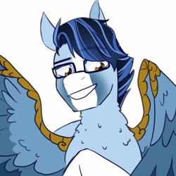 Size: 2600x2600 | Tagged: safe, artist:cracked hooves, imported from derpibooru, oc, oc only, oc:soaring spirit, pegasus, pony, accessory, armor, bust, chest fluff, coat markings, colored wings, facial markings, fluffy, glasses, looking at you, male, markings, multicolored hair, multicolored wings, neck fluff, pegasus oc, portrait, profile, raffle prize, simple background, smiling, smiling at you, smirk, solo, stallion, white background, wing armor, wing brace, wings