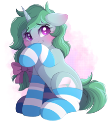 Size: 1794x1976 | Tagged: safe, artist:adostume, imported from derpibooru, oc, oc only, oc:kazumi, pony, unicorn, blushing, bow, clothes, cute, ear blush, eyebrows, eyebrows visible through hair, female, feral, floppy ears, hair bow, horn, long hair, long mane, looking back, mare, messy mane, ocbetes, raised hoof, shy, simple background, sitting, smiling, socks, solo, striped socks, unicorn oc, wavy mouth