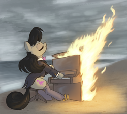 Size: 3000x2700 | Tagged: safe, artist:t72b, imported from derpibooru, octavia melody, earth pony, pony, beach, bowtie, burning, chair, clothes, cloud, cloudy, coat, danila bolshakov, drawthread, eyes closed, female, fire, mare, musical instrument, ocean, piano, ponified, sitting, socks, solo, stockings, suit, thigh highs, water