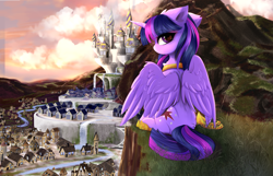 Size: 4893x3154 | Tagged: safe, artist:empress-twilight, imported from derpibooru, twilight sparkle, alicorn, pony, canterlot, canterlot castle, cloud, cloudy, crown, detailed background, eyebrows, eyebrows visible through hair, featured image, female, grass, high res, hoof shoes, horn, house, houses, jewelry, looking at you, looking back, looking back at you, mare, mountain, partially open wings, peytral, regalia, river, scenery, scenery porn, sitting, sky, solo, turned head, twilight sparkle (alicorn), water, waterfall, wings