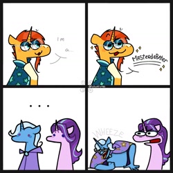 Size: 1440x1440 | Tagged: safe, artist:falloutfurret, imported from derpibooru, starlight glimmer, sunburst, trixie, pony, unicorn, ..., 4 panel comic, comic, commission, dialogue, female, lidded eyes, male, mare, simple background, stallion, trio, varying degrees of amusement, wheeze, white background