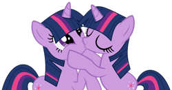 Size: 1590x835 | Tagged: safe, artist:infinitybases, artist:twilyisbestpone, derpibooru exclusive, imported from derpibooru, twilight sparkle, pony, unicorn, base used, duality, eyes closed, female, hooves on cheeks, kiss on the lips, kissing, lesbian, mare, raised hoof, self paradox, self ponidox, selfcest, shipping, simple background, surprise kiss, transparent background, twolight, unicorn twilight