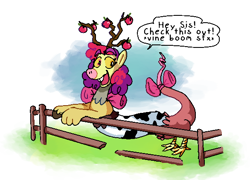 Size: 586x421 | Tagged: safe, artist:punkittdev, imported from derpibooru, oc, draconequus, apple, bow, bucktooth, dialogue, fence, food, fusion, fusion:apple bloom, fusion:discord, implied applejack, open mouth, open smile, smiling, solo, speech bubble, tail, tail bow
