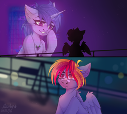 Size: 2450x2200 | Tagged: safe, artist:milkusy, imported from derpibooru, oc, oc only, oc:grapie, oc:rony ram, pegasus, pony, unicorn, bandaid, bandaid on nose, blade runner, blade runner 2049, bored, bridge, building, duo, ear fluff, error, eyelashes, female, glitch, glowing, high res, hologram, horn, jewelry, looking up, male, mare, meme, necklace, neon, night, panel, parody, ponified, sky, smiling, stallion, teeth, wings