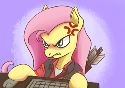 Size: 1500x1047 | Tagged: safe, imported from derpibooru, fluttershy, pegasus, pony, /mlp/ tf2 general, angry, arrow, computer mouse, cross-popping veins, emanata, female, fluttershy is not amused, frustrated, gaming, keyboard, mare, sniper, snipershy, team fortress 2, unamused