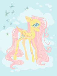 Size: 1200x1600 | Tagged: safe, artist:1hoorn, imported from derpibooru, fluttershy, butterfly, pegasus, pony, cloud, cloudy, on a cloud, sky, solo, standing on a cloud