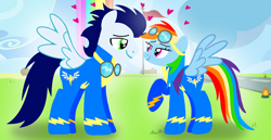 Size: 1980x1020 | Tagged: safe, artist:mlplary6, imported from derpibooru, rainbow dash, soarin', pegasus, pony, boyfriend and girlfriend, clothes, female, glasses, heart, looking at each other, looking at someone, love, male, mare, shipping, smiling, smiling at each other, soarindash, stallion, straight, uniform, wonderbolts, wonderbolts headquarters, wonderbolts uniform