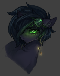 Size: 2800x3513 | Tagged: safe, artist:tendocake, imported from derpibooru, oc, oc:korroki, pony, bust, dark background, dark skin, ear fluff, ear piercing, earring, fangs, glowing, glowing eyes, goggles, gray mane, green eyes, jewelry, piercing, portrait, serious, serious face, solo