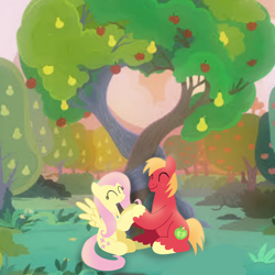 Size: 1400x1400 | Tagged: safe, artist:mlplary6, imported from derpibooru, big macintosh, fluttershy, earth pony, pegasus, pony, boyfriend and girlfriend, eyes closed, female, fluttermac, holding hooves, love, male, mare, romantic, shipping, sitting, smiling, stallion, straight, tree