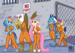 Size: 2283x1614 | Tagged: safe, artist:murcielaga, imported from derpibooru, fluttershy, gilda, princess ember, rainbow dash, smolder, anthro, dragon, griffon, pegasus, unguligrade anthro, chains, clothes, cuffed, fence, group, jumpsuit, prison, prison outfit, prisoner, prisoner ember, prisoner ft, prisoner gilda, prisoner rd, prisoner smolder, quintet, sign