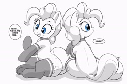 Size: 2554x1704 | Tagged: safe, artist:pabbley, imported from derpibooru, pinkie pie, earth pony, pony, choker, clothes, dialogue, duality, female, grayscale, mare, monochrome, partial color, ponk, simple background, sitting, socks, solo, speech bubble, stockings, thigh highs, white background