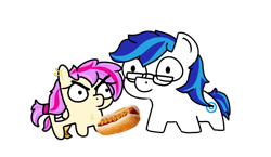 Size: 2741x1586 | Tagged: safe, artist:anye_deux, imported from derpibooru, oc, oc only, oc:anye, oc:scout centurion, earth pony, pony, disguise, disguised changeling, food, hot dog, meat, sausage, squatpony