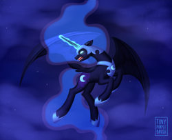 Size: 1280x1040 | Tagged: safe, artist:tinypurplebrush, imported from derpibooru, nightmare moon, alicorn, pony, angry, blue eyes, blue mane, blue tail, cloud, concave belly, digital art, ethereal mane, ethereal tail, fangs, female, flying, glowing, glowing eyes, glowing horn, helmet, hoof shoes, horn, logo, long horn, mare, night, open mouth, peytral, sky, solo, spread wings, starry mane, starry tail, stars, tail, teeth, wings