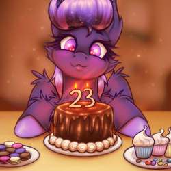 Size: 1500x1500 | Tagged: safe, artist:shad0w-galaxy, imported from derpibooru, oc, oc only, oc:shadow galaxy, pegasus, pony, :3, birthday, birthday cake, cake, candle, cheek fluff, chest fluff, chocolate, chocolate cake, cupcake, ear fluff, ethereal mane, fluffy, food, hooves, m&m's, macaron, shoulder fluff, simple background, smiling, solo, starry mane, unshorn fetlocks, wing fluff, wings