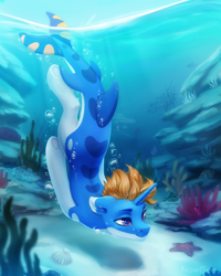 Size: 3000x3750 | Tagged: safe, artist:inowiseei, imported from derpibooru, oc, oc only, original species, pony, shark, shark pony, starfish, unicorn, absurd resolution, bubble, coral, crepuscular rays, cute, digital art, dorsal fin, ear fluff, fin, fins, fish tail, flowing mane, high res, horn, male, ocean, orange mane, pink eyes, scenery, scenery porn, seashell, seaweed, sky, smiling, solo, stallion, sunlight, swimming, tail, underwater, water