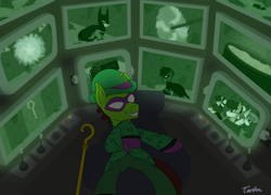 Size: 5000x3600 | Tagged: safe, artist:terton, imported from derpibooru, pony, batman, bomb, bondage, bound and gagged, buzzsaw, cane, circular saw, dc comics, dynamite, explosives, gag, mask, ponified, question mark, riddler, robin, screen, the riddler, tim drake, timebomb, vat, weapon