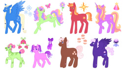 Size: 1188x673 | Tagged: safe, artist:s0ftserve, imported from twibooru, oc, oc only, oc:cream puff, oc:dusk dreamer, oc:ladybird, oc:spring blossom, oc:sugar plum, oc:summer blaze, oc:sunshine star, oc:winter chill, butterfly, earth pony, hybrid, insect, pegasus, pony, unicorn, zebra, zony, braid, braided tail, curly hair, cutie mark, dreadlocks, female, filly, freckles, heart mark, image, interspecies offspring, magical lesbian spawn, magical threesome spawn, male, mare, needs more jpeg, next generation, offspring, parent:applejack, parent:fluttershy, parent:pinkie pie, parent:princess luna, parent:rainbow dash, parent:starlight glimmer, parent:sunburst, parent:tempest shadow, parent:tree hugger, parent:twilight sparkle, parent:zecora, parents:appledash, parents:fluttercora, parents:flutterhugger, parents:starluna, parents:tempestpie, parents:treecora, parents:twiburst, pigtails, simple background, stallion, white background, zebra oc