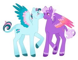 Size: 1013x788 | Tagged: safe, artist:s0ftserve, imported from twibooru, oc, oc only, oc:springtide, oc:star burst, oc:star burst sparkle, pegasus, pony, blushing, cheek kiss, colored hooves, gay, image, kissing, leonine tail, magical lesbian spawn, magical threesome spawn, male, next generation, offspring, parent:blossomforth, parent:fleetfoot, parent:fluttershy, parent:thunderlane, parent:twilight sparkle, parents:blossomlane, parents:thunderfoot, parents:twishy, png, simple background, spread wings, stallion, transparent background, two toned wings, unshorn fetlocks, wings