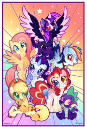 Size: 750x1081 | Tagged: safe, artist:magicconstellation, imported from twibooru, applejack, fluttershy, pinkie pie, rainbow dash, rarity, spike, twilight sparkle, alicorn, earth pony, pegasus, pony, unicorn, alternate design, coat markings, colored hooves, colored wings, coloring page, female, goggles, heterochromia, image, mane seven, mane six, mare, multicolored wings, png, rainbow background, scar, socks (coat markings), twilight sparkle (alicorn), twitterina design, two toned wings, unshorn fetlocks, wings