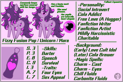 Size: 6000x4000 | Tagged: safe, artist:dice-warwick, imported from derpibooru, oc, oc:fizzy fusion pop, pony, unicorn, fallout equestria, beauty mark, butt freckles, coloboma, cult, female, freckles, heart, heart eyes, long mane, long tail, mare, messy mane, reference sheet, soda, solo, tail, wingding eyes