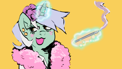 Size: 1280x720 | Tagged: safe, artist:kitsuwaa, imported from derpibooru, lyra heartstrings, pony, unicorn, blushing, cigarette, cigarette holder, ear piercing, earring, feather boa, flower, flower in hair, glowing, glowing horn, horn, jewelry, magic, open mouth, piercing, smoking, solo