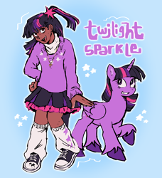 Size: 1604x1756 | Tagged: safe, artist:kitsuwaa, imported from derpibooru, twilight sparkle, alicorn, human, pony, blackwashing, blue background, clothes, converse, cute, dark skin, female, grin, human ponidox, humanized, jewelry, leg warmers, mare, necklace, open mouth, raised hoof, self paradox, self ponidox, shoes, simple background, skirt, smiling, solo, species swap, sweater, twiabetes, twilight sparkle (alicorn), unshorn fetlocks