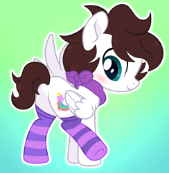 Size: 3000x3080 | Tagged: safe, artist:c1trine, artist:saverpon3, imported from derpibooru, oc, oc only, oc:markey malarkey, pegasus, pony, bandana, base used, blushing, clothes, crossover, cute, folded wings, gradient background, green background, male, outline, ponified, raised leg, simple background, socks, solo, spread wings, striped socks, the mark side, white outline, wings