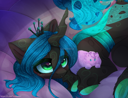 Size: 3262x2500 | Tagged: safe, artist:taiweiart, imported from derpibooru, queen chrysalis, oc, oc:fluffle puff, changeling, changeling queen, crown, cute, cutealis, duo, duo female, female, heart, heart eyes, high res, holding, jewelry, lying, ocbetes, plushie, regalia, sequins, spread wings, wingding eyes, wings