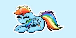 Size: 2000x1018 | Tagged: safe, artist:nuumia, imported from derpibooru, rainbow dash, pegasus, pony, :3, blue background, cyan background, eyes closed, floppy ears, lying down, prone, simple background, smiling, solo