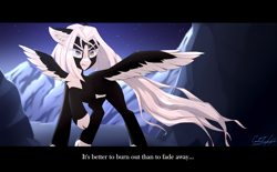 Size: 3664x2272 | Tagged: safe, artist:cmdrtempest, imported from derpibooru, oc, oc:kate braxton, pegasus, cloven hooves, epic, female, looking at each other, looking at someone, mare, mountain, night, solo, text