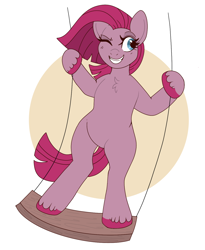 Size: 1148x1400 | Tagged: safe, artist:lulubell, imported from derpibooru, pinkie pie, earth pony, pony, best pony, bipedal, looking at you, one eye closed, pinkamena diane pie, simple background, solo, swing, white background, wink, winking at you