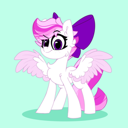 Size: 2500x2500 | Tagged: safe, artist:fakkajohan, imported from derpibooru, oc, oc only, oc:perfect rays, pegasus, pony, bow, chest fluff, dreamworks face, ear fluff, female, hair bow, looking at you, simple background, solo, spread wings, wings