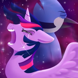 Size: 1080x1080 | Tagged: safe, artist:drag0nsheep, imported from derpibooru, twilight sparkle, alicorn, bird, pony, aeroplanes and meteor showers, crossover, crossover shipping, crying, duo, eyes closed, female, floppy ears, male, mordecai, mordetwi, open mouth, regular show, shipping, straight, twilight sparkle (alicorn)