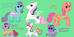 Size: 3000x1500 | Tagged: safe, artist:mintwhistle, imported from derpibooru, baby sea shimmer, baby starbow, bunny hop, half note (g1), earth pony, mermaid, merpony, pony, baby, baby ballerina ponies, baby pony, baby sweetsteps, ballerina, ballet slippers, blank flank, bow, cape, clothes, colored hooves, eyes closed, eyeshadow, fancy mermaid ponies, female, filly, foal, g1, green background, group, hair bow, happy, leotard, makeup, mare, medibang paint, multicolored hair, not sunny starscout, one eye closed, open mouth, open smile, pocket, precious pocket ponies, purple eyeshadow, rainbow baby ponies, rainbow hair, rainbow tail, raised hoof, rockin' beat ponies, secret beauty, secret surprise ponies, sextet, simple background, smiling, tail, unshorn fetlocks, wink