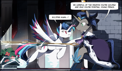 Size: 2553x1493 | Tagged: safe, artist:fan_silversol, imported from derpibooru, king sombra, oc, oc:lucent starscape, alicorn, pony, unicorn, alicorn oc, cape, clothes, dialogue, good king sombra, horn, lightning, looking at each other, looking at someone, male, raised hoof, staff, stallion, teleportation, wings