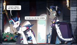 Size: 2553x1493 | Tagged: safe, artist:fan_silversol, imported from derpibooru, king sombra, oc, oc:lucent starscape, alicorn, pony, unicorn, alicorn oc, dialogue, good king sombra, horn, looking at each other, looking at someone, male, staff, stallion, wings