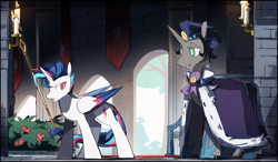 Size: 2553x1493 | Tagged: safe, artist:fan_silversol, imported from derpibooru, king sombra, oc, oc:lucent starscape, alicorn, pony, unicorn, alicorn oc, cape, clothes, good king sombra, horn, looking at each other, looking at someone, male, staff, stallion, wings